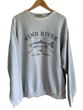 Vtg Wind River Crewneck Sweatshirt Mens 3XL Blue Atlantic Salmon Fish Distressed